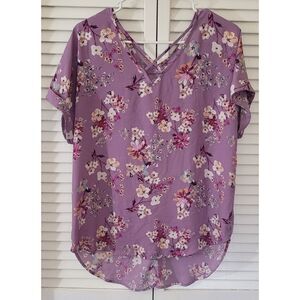 PINKROSE Blouse Women Purple Floral Print V-Neck Top Size XL School